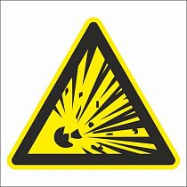 Знак предупреждающий на самоклеющейся пленке Взрывоопасно, высота 200 мм, ширина 200 мм, цвет фона желтый, цвет рисунка черный ГОСТ 14202-69