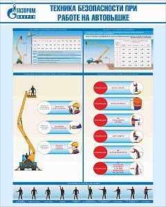 Стенд Техника безопасности при работе на автовышке, плакат, логотип, голубой фон. (800х1 000; Пластик ПВХ 4 мм; Алюминиевый профиль)