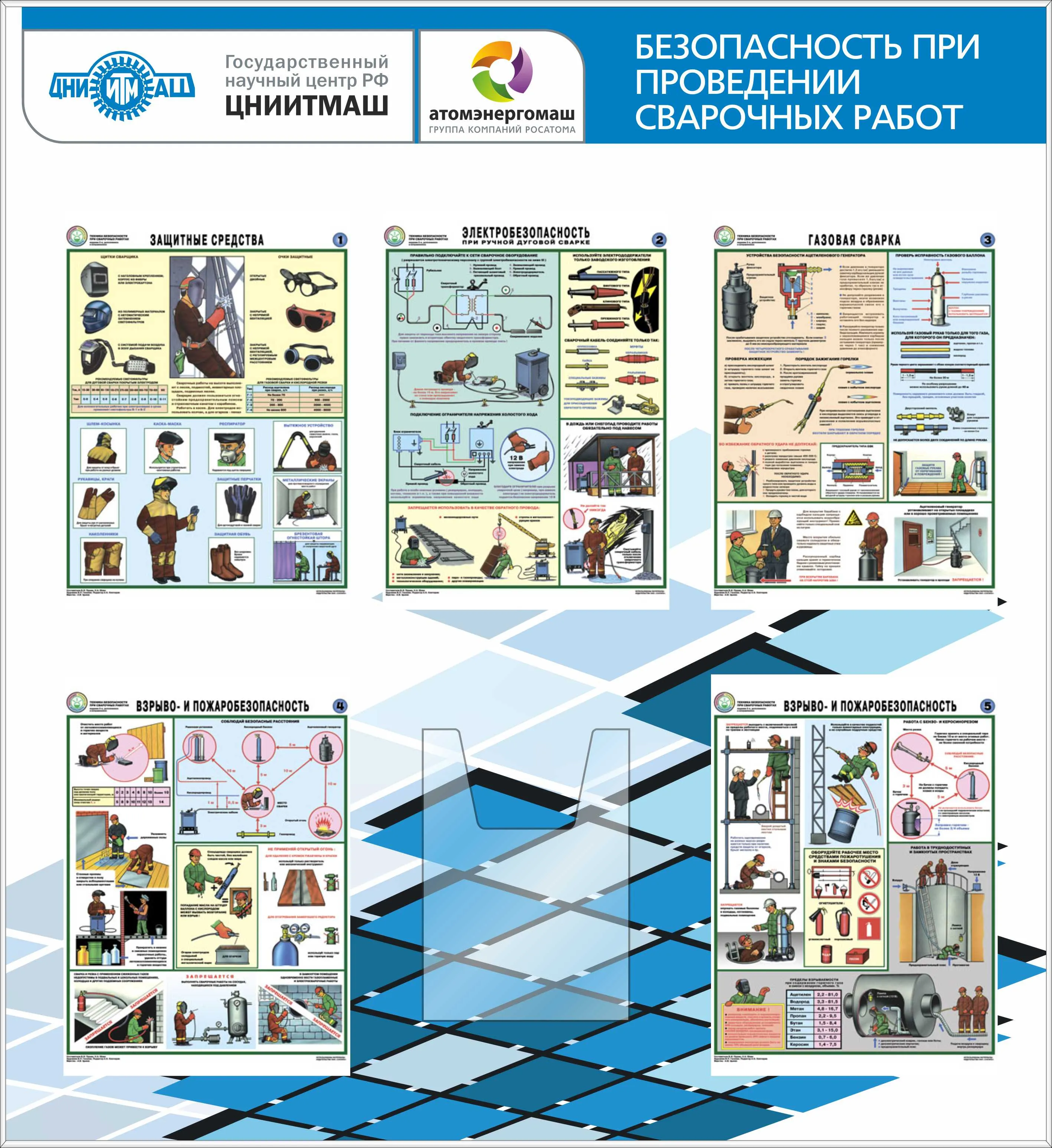 Стенд Безопасность при проведении сварочных работ (5 плакатов А3, 1  объемный карман) логотип (1100х1200; Пластик ПВХ 4 мм, алюминиевый профиль;  Алюминиевый профиль), Плакат Соуэло А3-5шт, Карман А4 вертикальный  объемный-1шт – купить в